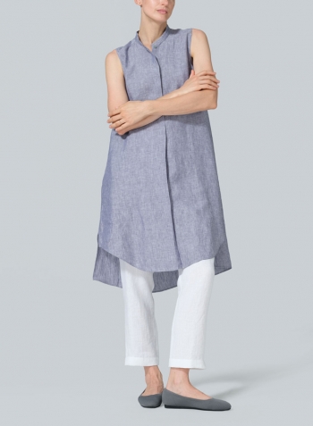 Light Denim Linen Sleeveless A-shape Tunic with Mandarin Collar