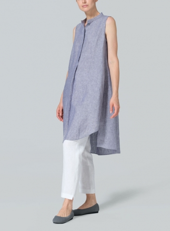 Light Denim Linen Sleeveless A-shape Tunic with Mandarin Collar