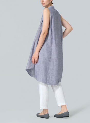 Light Denim Linen Sleeveless A-shape Tunic with Mandarin Collar