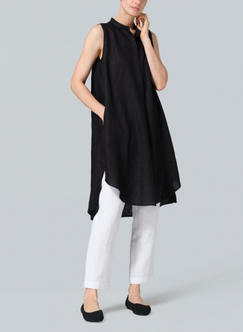 Black Linen Sleeveless A-shape Tunic with Mandarin Collar