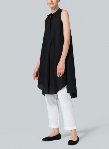 Black Linen Sleeveless A-shape Tunic with Mandarin Collar