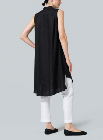 Black Linen Sleeveless A-shape Tunic with Mandarin Collar