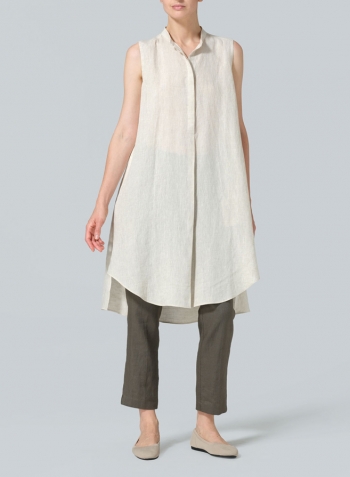 Oat Linen Sleeveless A-shape Tunic with Mandarin Collar