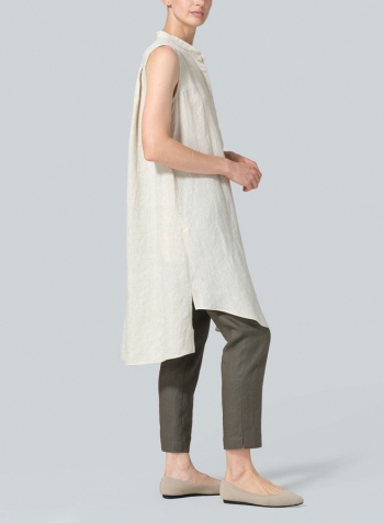 Oat Linen Sleeveless A-shape Tunic with Mandarin Collar