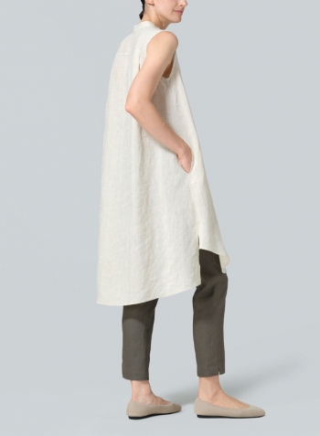 Oat Linen Sleeveless A-shape Tunic with Mandarin Collar