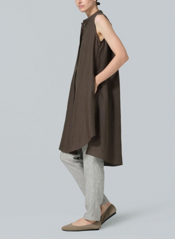 Dark Olive Brown Linen Sleeveless A-shape Tunic with Mandarin Collar