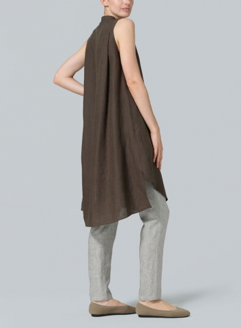 Dark Olive Brown Linen Sleeveless A-shape Tunic with Mandarin Collar