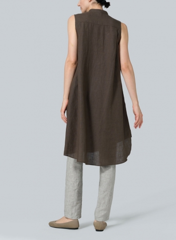 Dark Olive Brown Linen Sleeveless A-shape Tunic with Mandarin Collar