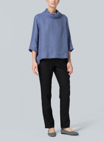 Blue Linen Cowl Neck Curved Hem Top