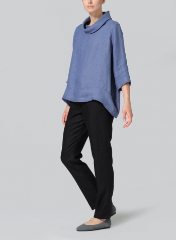 Blue Linen Cowl Neck Curved Hem Top