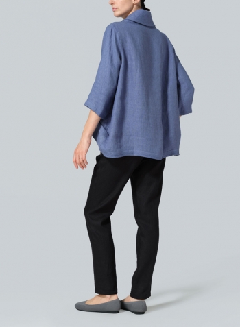 Blue Linen Cowl Neck Curved Hem Top