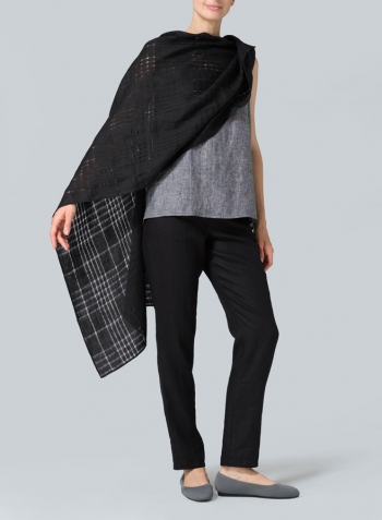 Black Plaid Linen Lightweight Scarf Set