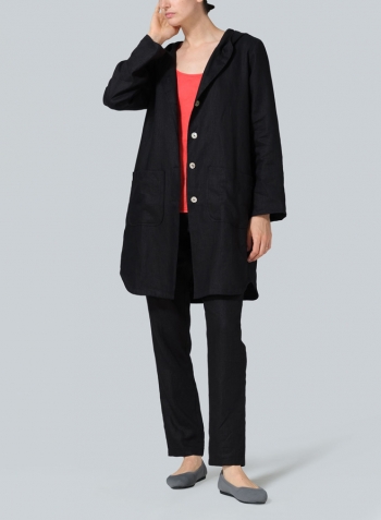 Black Linen Button-Up Hooded Tunic Set