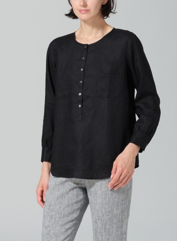 Black Linen Round Neck Long Sleeve Shirt Set