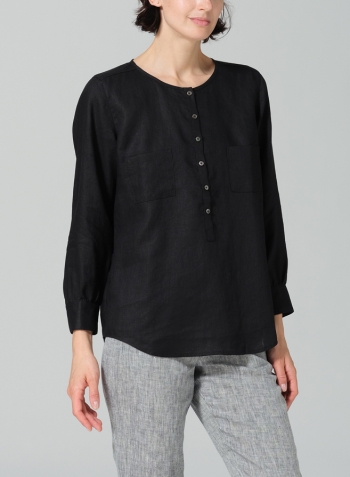 Black Linen Round Neck Long Sleeve Shirt Set