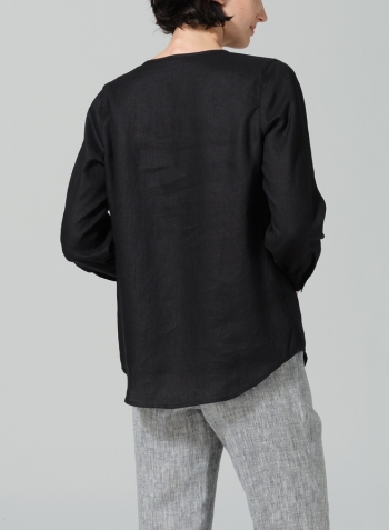 Black Linen Round Neck Long Sleeve Shirt Set