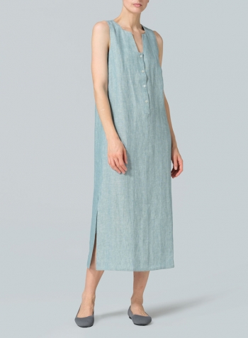 Two Tone Light Green Linen Front Placket Opening Straight Cut Long Dress