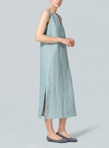 Two Tone Light Green Linen Front Placket Opening Straight Cut Long Dress
