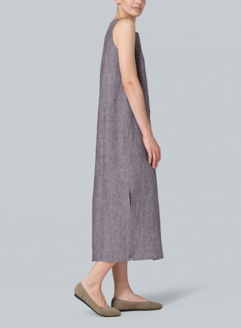 Two Tone Brown Linen Front Placket Opening Straight Cut Long Dress
