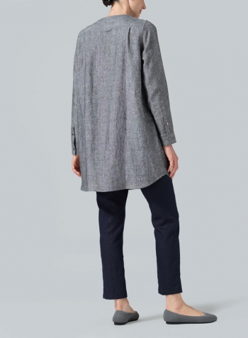 Two Tone Black Linen Open Front Long Shirt