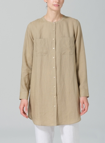 Khaki Sand Linen Open Front Long Shirt