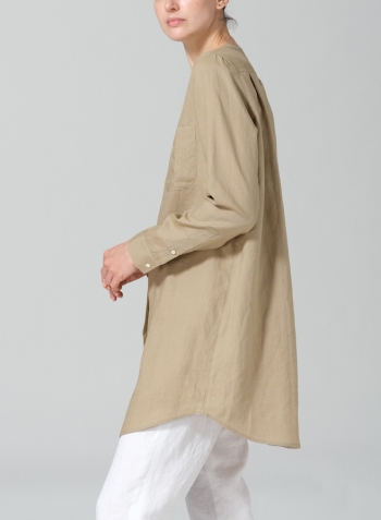 Khaki Sand Linen Open Front Long Shirt