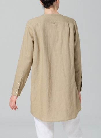 Khaki Sand Linen Open Front Long Shirt