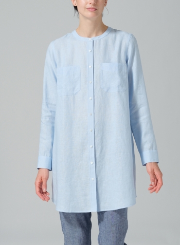 Light Blue Linen Open Front Long Shirt