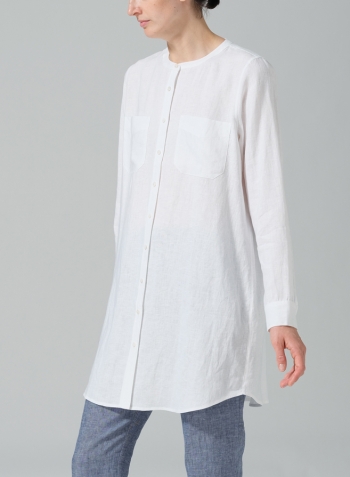 White Linen Open Front Long Shirt