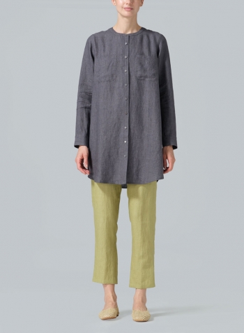 Charcoal Gray Linen Open Front Long Shirt