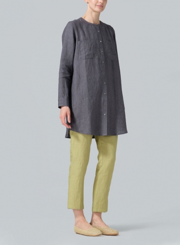 Charcoal Gray Linen Open Front Long Shirt