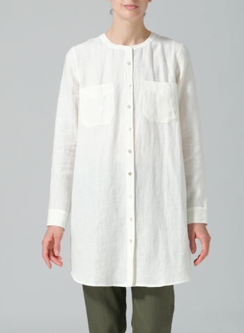 Off White Linen Open Front Long Shirt