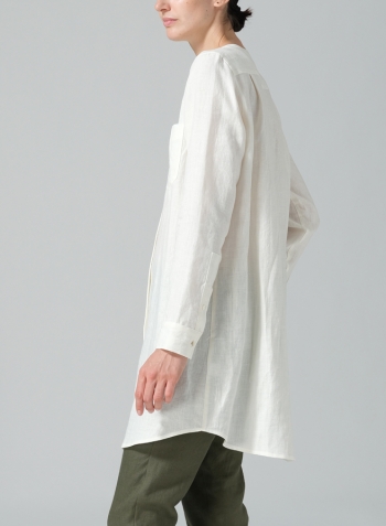 Off White Linen Open Front Long Shirt