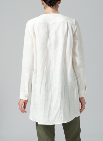 Off White Linen Open Front Long Shirt