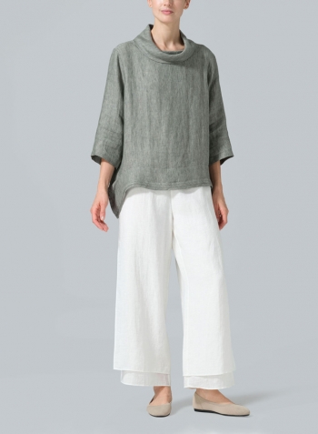 Dull Green Linen Cowl Neck Curved Hem Top