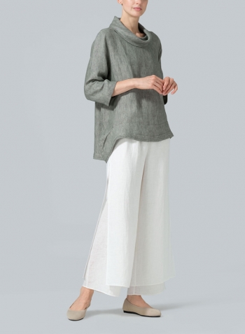 Dull Green Linen Cowl Neck Curved Hem Top