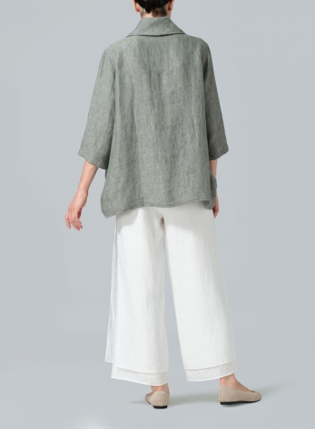 Dull Green Linen Cowl Neck Curved Hem Top