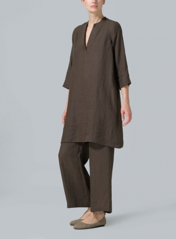 Dark Olive Brown Linen V-neck Mandarin Collar Tunic