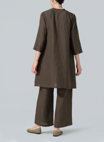 Dark Olive Brown Linen V-neck Mandarin Collar Tunic