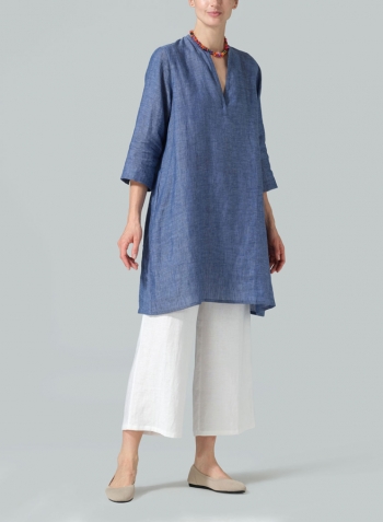 Azure Blue Linen V-neck Mandarin Collar Tunic Set