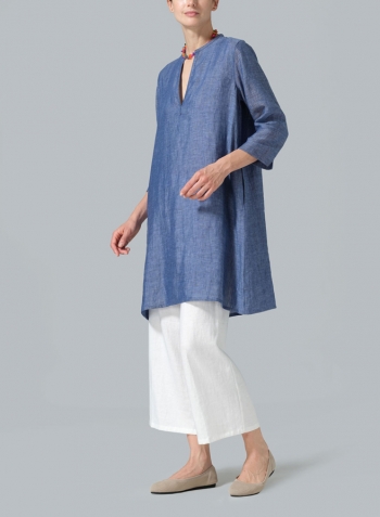 Azure Blue Linen V-neck Mandarin Collar Tunic Set