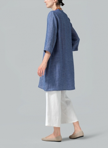 Azure Blue Linen V-neck Mandarin Collar Tunic Set