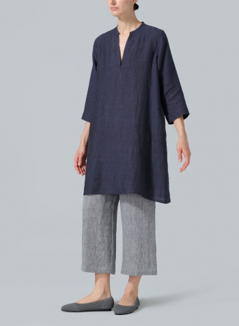 Dark Denim Linen V-neck Mandarin Collar Tunic