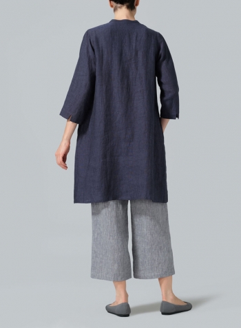 Dark Denim Linen V-neck Mandarin Collar Tunic