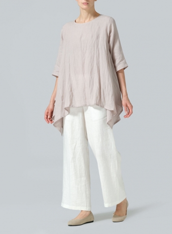 Sand Beige Linen Half Sleeves Handkerchief Hem Tunic