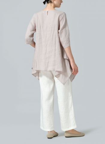 Sand Beige Linen Half Sleeves Handkerchief Hem Tunic