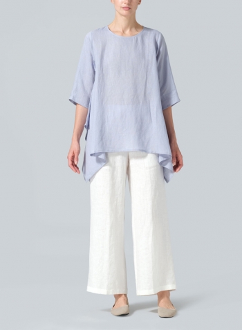 Light Pale Blue Linen Half Sleeves Handkerchief Hem Tunic