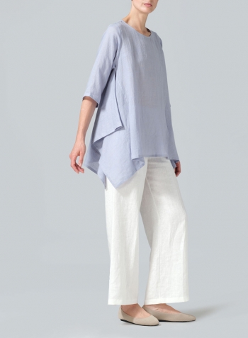 Light Pale Blue Linen Half Sleeves Handkerchief Hem Tunic