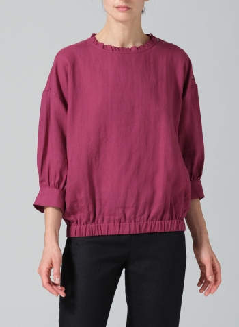 Red Violet Linen Ruffle Collar Relaxed Fit Blouse