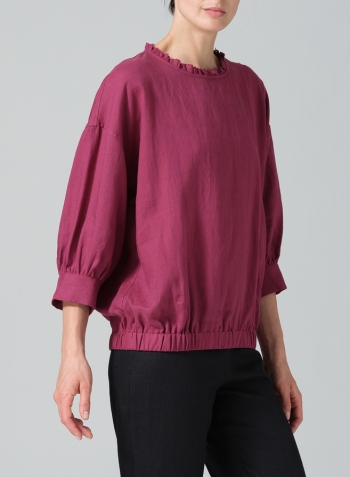 Red Violet Linen Ruffle Collar Relaxed Fit Blouse